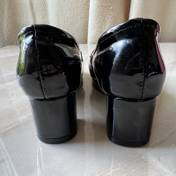 Block platform patent leather heels in black, brown and ivory size 7 gold accent - Picture 5 of 8